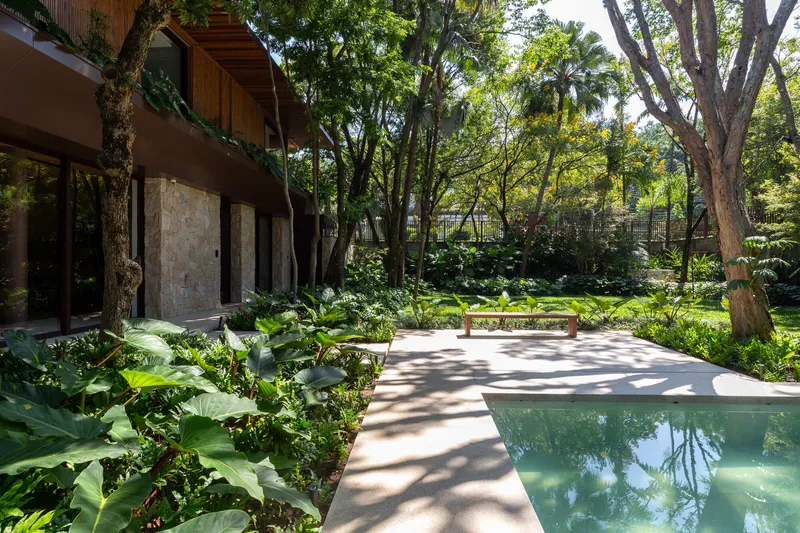 Pool terrace with surrounding planted beds and lawn beneath the canopy of mature trees