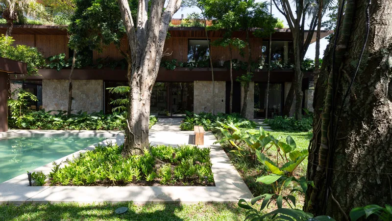Garden courtyard with pool and concrete pathways winding between existing trees and planting beds
