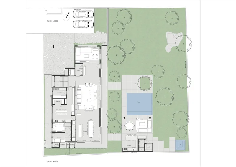 Site plan drawing showing two residential volumes with green landscaping and a swimming pool