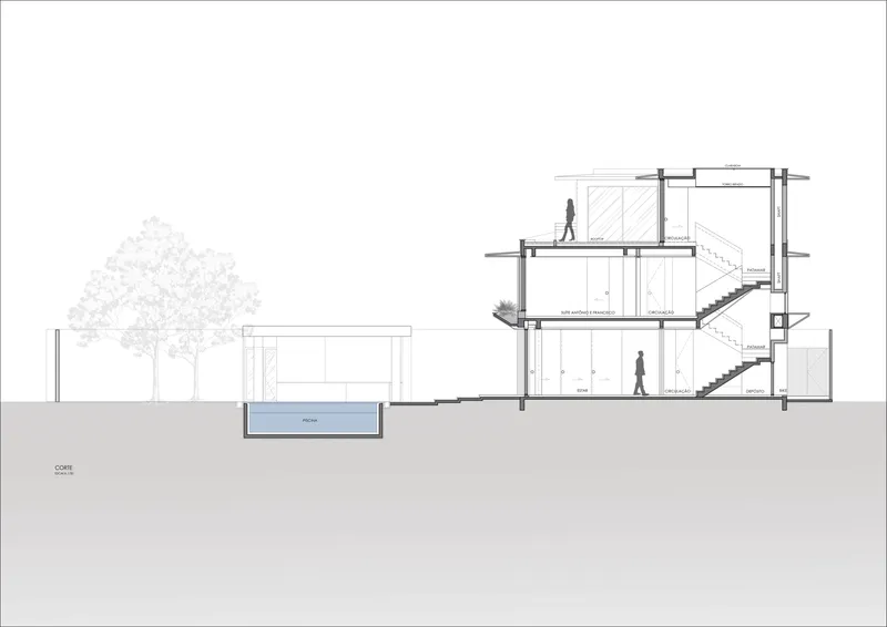 Section drawing through a multi-level residence showing stairs, pool, and a tree in the landscape