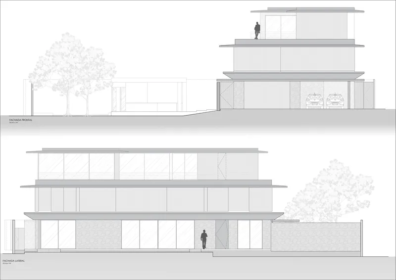 Elevation drawings showing front and lateral facades of a stacked three-level volume with trees