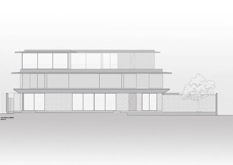 Elevation drawing of a three-storey building with horizontal slabs and glazed facades plus a tree outline