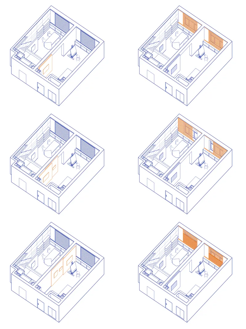 Isometric drawing showing six variations of a two-room unit with different partition configurations