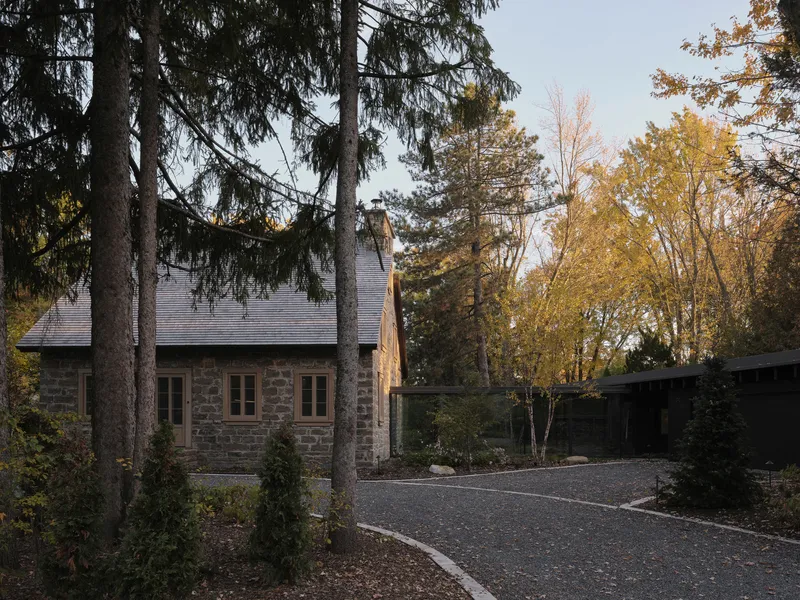 Stone masonry volume with pitched roof and timber windows framed by tall evergreen trees in autumn