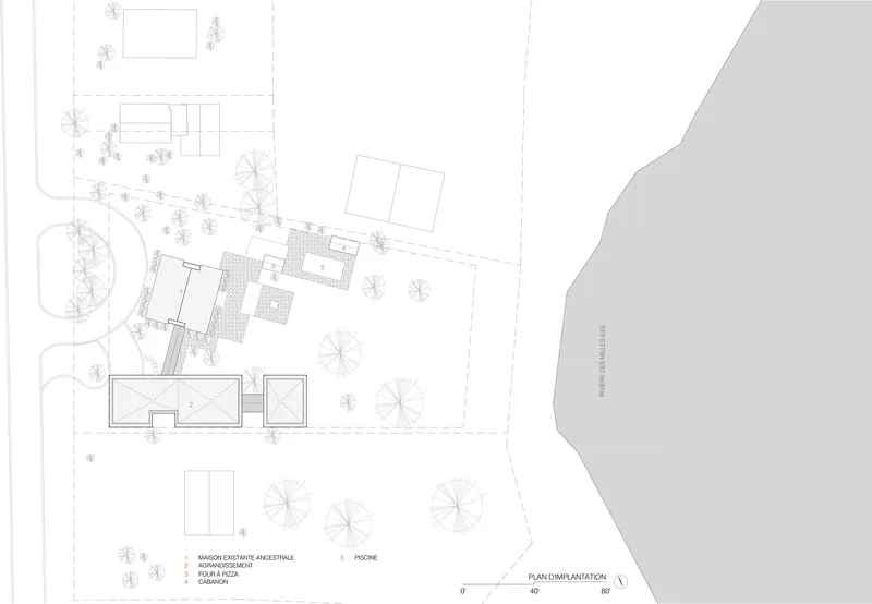 Site plan drawing showing building clusters arranged among landscaped paths and circular tree groupings