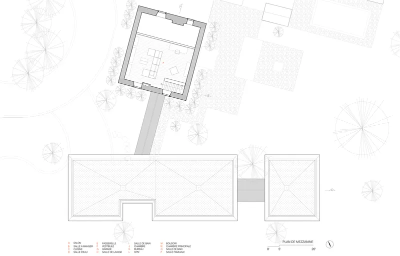 Mezzanine level floor plan drawing showing a large open volume with adjacent smaller square room