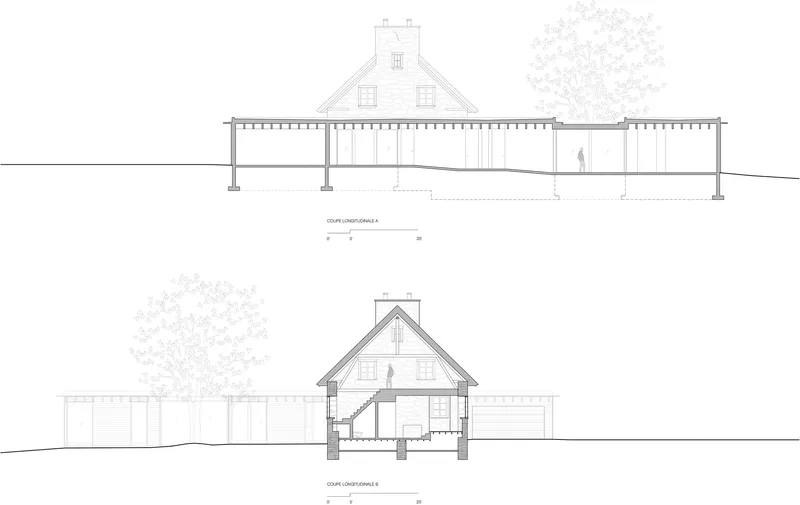 Section drawings showing the steep pitched roof with dormers and covered colonnade extensions on either side