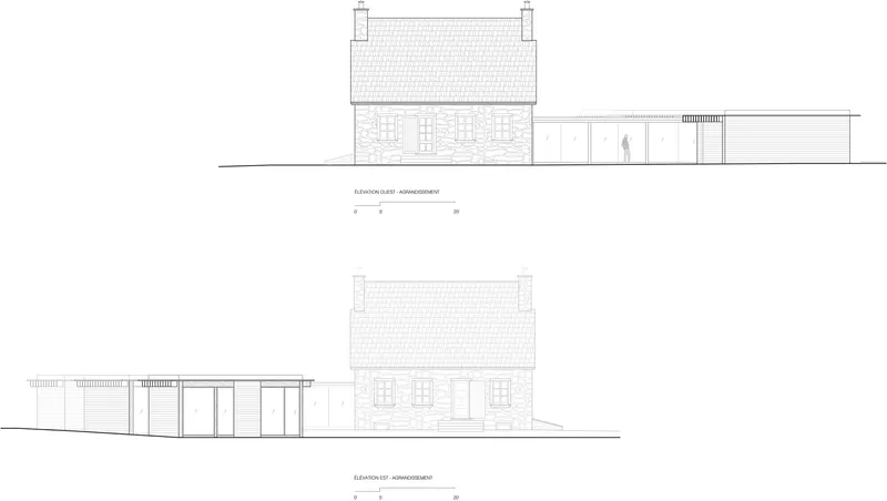 Elevation drawings showing the masonry house with tiled roof adjoining a glazed single-storey extension