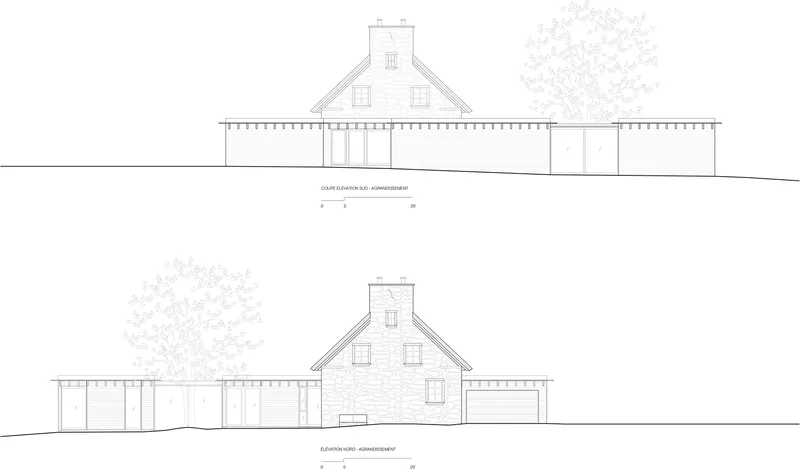 Elevation drawings showing a gabled masonry structure flanked by low-profile wings with trees in the background
