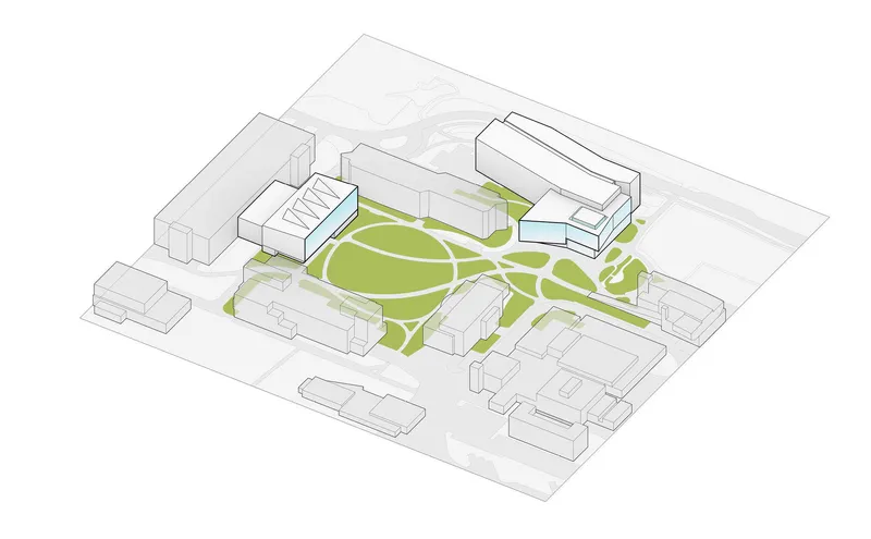 Axonometric drawing showing central green courtyard surrounded by building volumes and neighboring structures