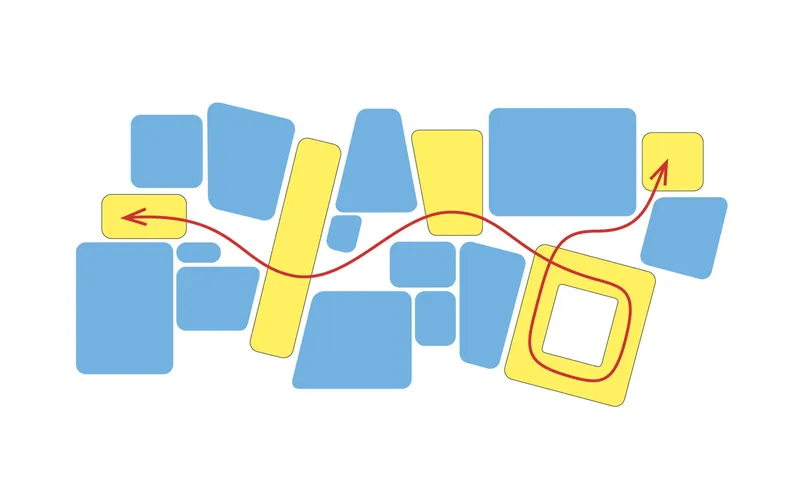 Diagram illustrating circulation paths connecting blue and yellow programmatic zones with red arrows