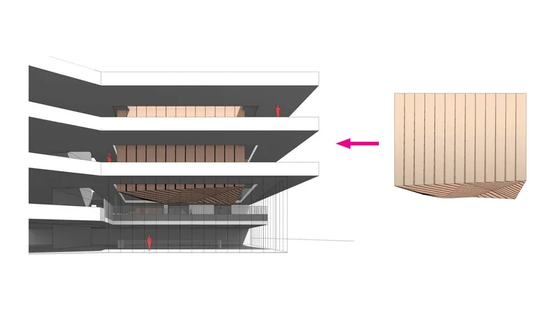Section drawing showing stacked floor plates with timber ceiling module detail at right