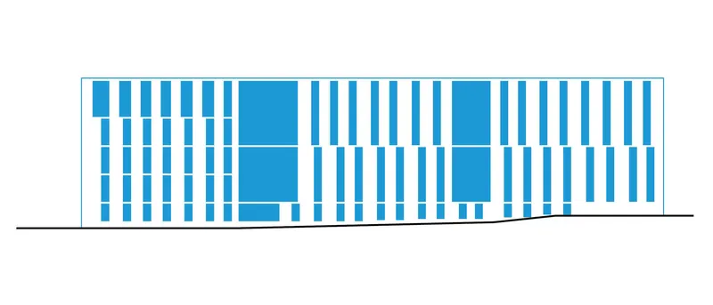 Elevation drawing showing a rhythmic facade of vertical blue louvers with larger glazed panels