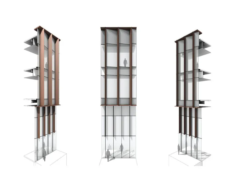 Axonometric drawing of three tower variations with vertical fins and human figures for scale
