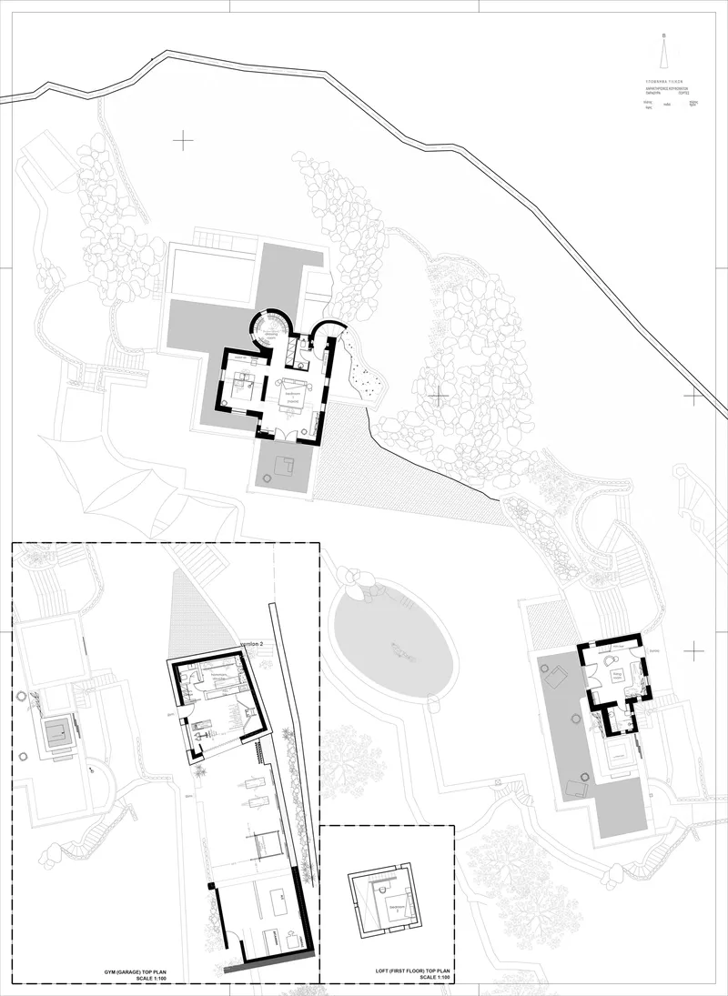 Floor plan drawing depicting multiple building volumes distributed across a hillside site with central pool and terraces