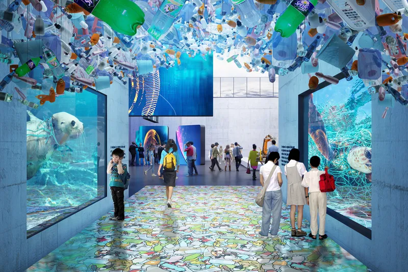 Gallery corridor with aquarium windows and patterned floor tile beneath suspended plastic debris installation