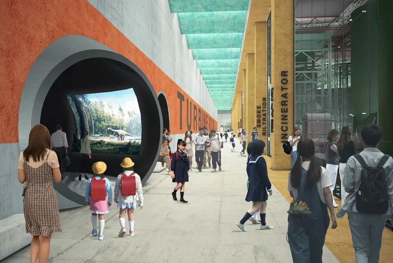 Pedestrian corridor with orange textured wall and circular portal opening to garden beyond