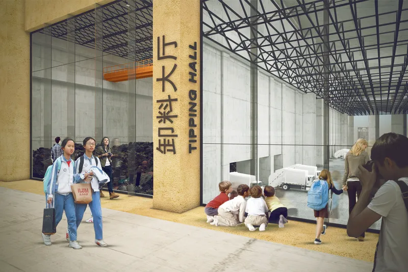 Interior view of glass display walls and exposed truss ceiling with visitors gathered near the exhibits