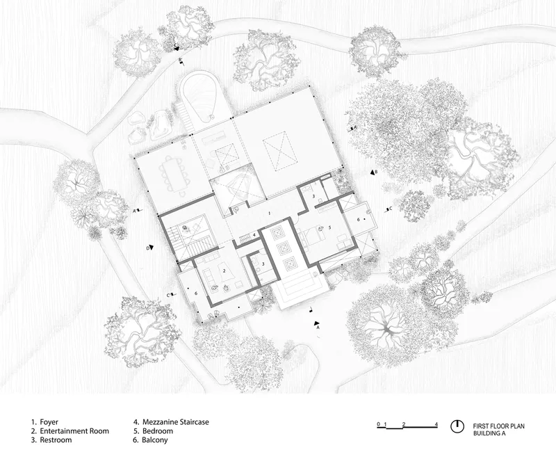 First floor plan drawing showing bedrooms and a mezzanine staircase with exterior vegetation rendered in detail
