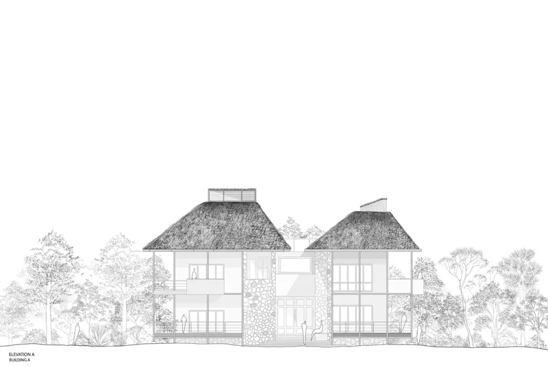 Elevation drawing of two thatched-roof volumes connected by a central passage with trees flanking each side