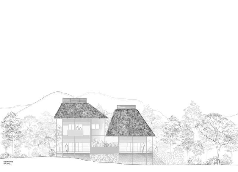 Elevation drawing showing two thatched-roof volumes on a stone plinth amid trees and mountains