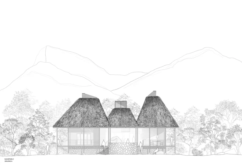 Elevation drawing depicting three pyramidal thatched roofs above a white structure with mountain backdrop