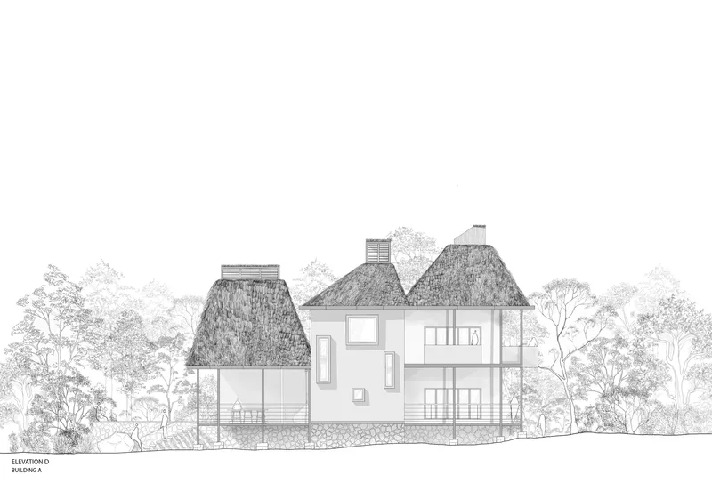 Elevation drawing showing clustered pyramidal thatched roofs atop a white multi-story building among trees
