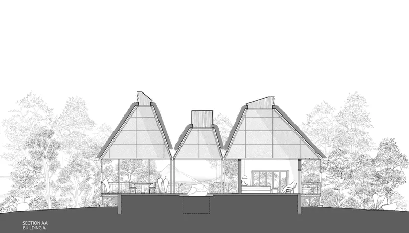 Section drawing revealing three pyramidal roof structures sheltering open living spaces and interior rooms
