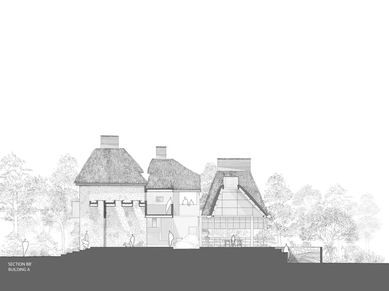 Section drawing cutting through thatched pyramidal roofs exposing two-story interior spaces and exterior terrace