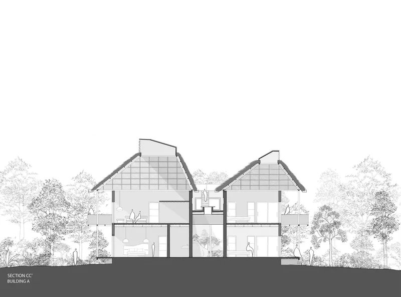 Section drawing showing two angled pyramidal roofs covering double-height interior volumes with glazed facades