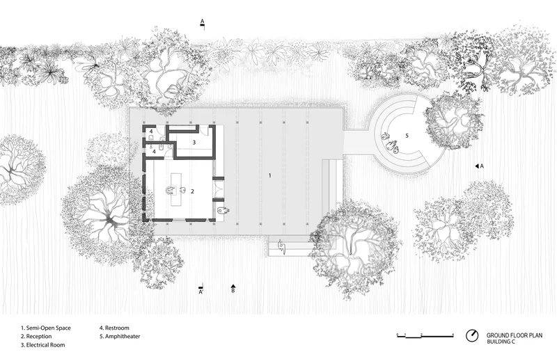 Ground floor plan drawing showing a rectangular building surrounded by trees and a circular outdoor amphitheater