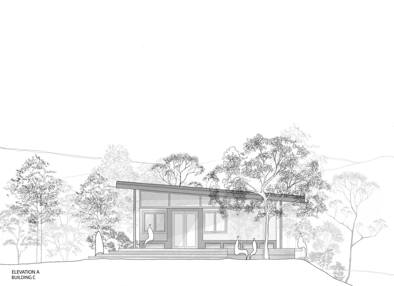 Elevation drawing showing the glazed facade with clerestory windows set among dense trees and hillside