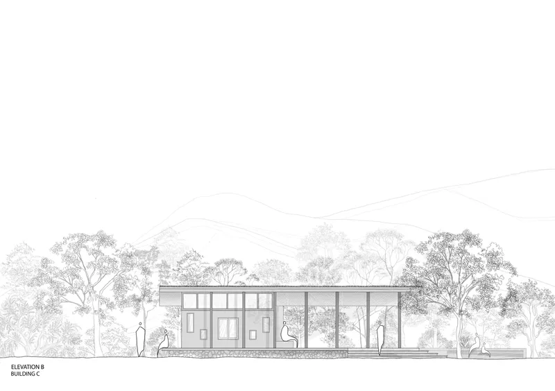 Elevation drawing showing the fully glazed rear facade with floor-to-ceiling windows and distant mountain ridgeline