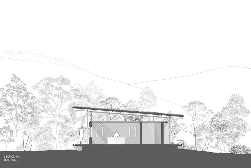 Section drawing revealing interior spaces beneath a sloping roof with figures and surrounding tree canopy