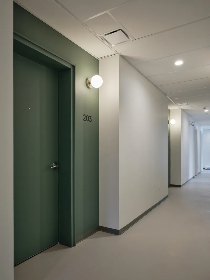 Interior corridor with green painted door numbered 203 and white wall-mounted sphere light fixture