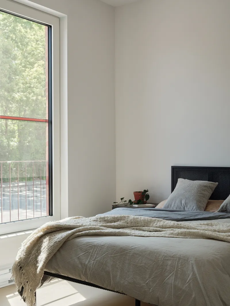 Bedroom with tall window overlooking balcony railings and trees in soft daylight