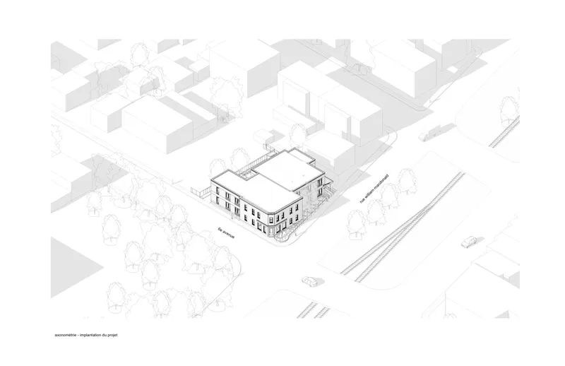 Axonometric drawing showing a corner building with new rooftop addition within its surrounding block context