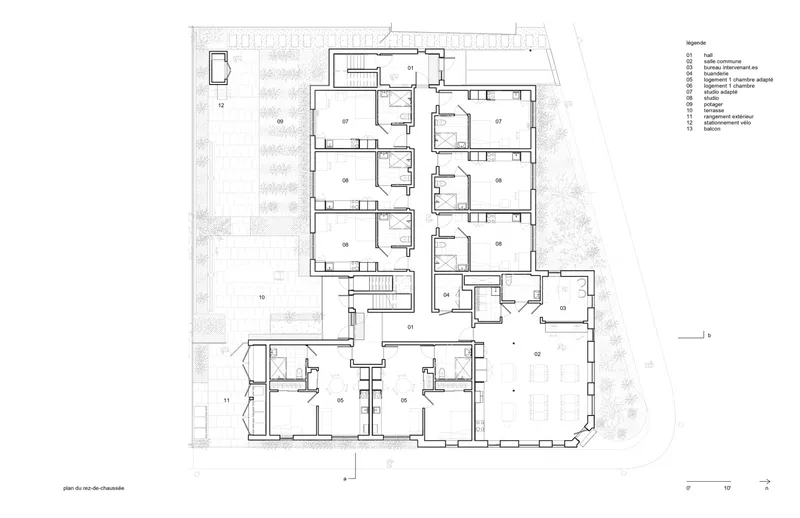 Ground floor plan drawing showing residential units arranged around a central corridor with landscaped courtyards
