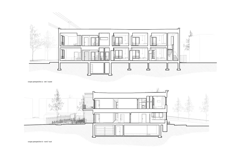 Section drawings showing the three-story building with basement parking and trees on either side