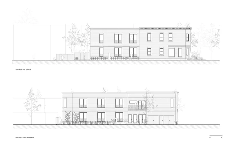 Elevation drawings showing the front and rear facades with regular window patterns and surrounding vegetation