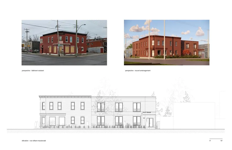 Perspective renderings and elevation drawing of the red brick corner building with ground floor glazing