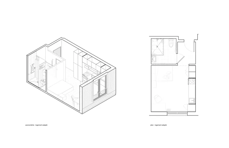 Axonometric drawing and floor plan of a single residential unit with bathroom and living space