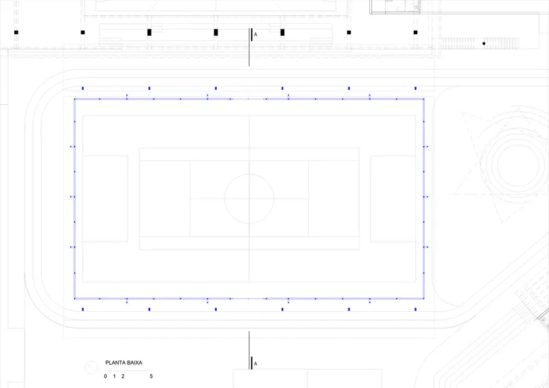 Floor plan drawing showing a rectangular sports field surrounded by a running track and adjacent structures