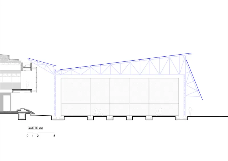 Section drawing revealing a multi-story structure on the left and a large trussed hall with stepped foundation