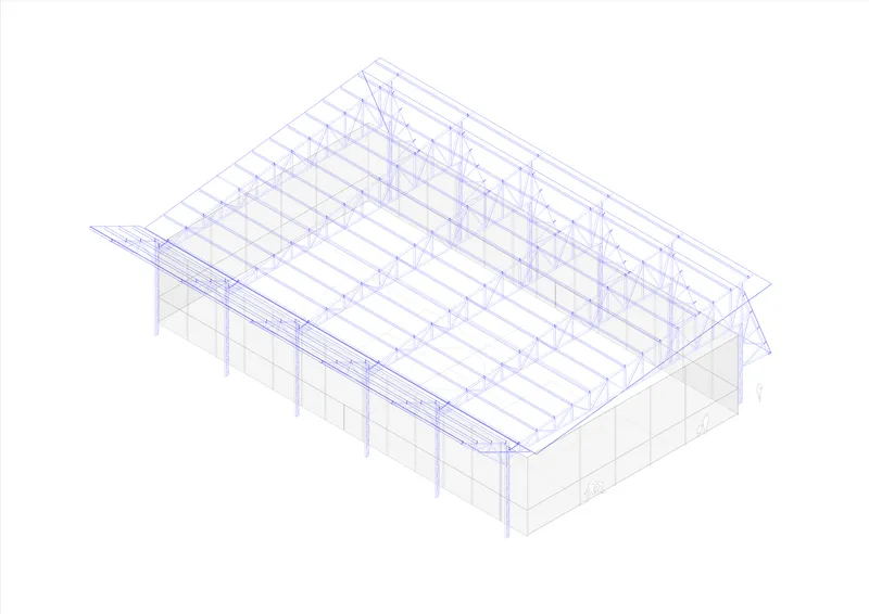 Axonometric drawing depicting the structural frame with timber trusses and gridded roof supports