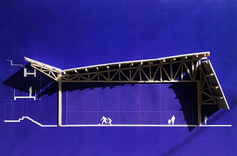 Rendered section drawing with purple field wall, exposed truss structure and silhouetted figures at twilight
