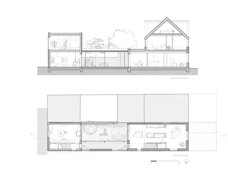Section and plan drawings showing tree-lined courtyard connecting low-rise volumes with gabled roof element