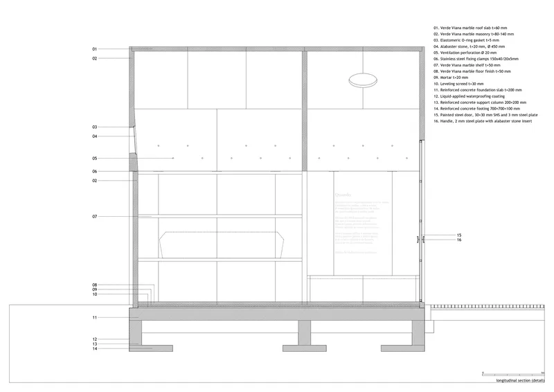 Longitudinal section detail drawing showing floor plates, stairs, and foundation with dimension callouts