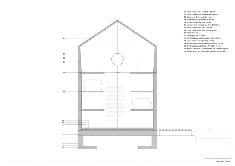 Section drawing showing a gable-roofed house with multi-level interiors and circular skylight above central stair