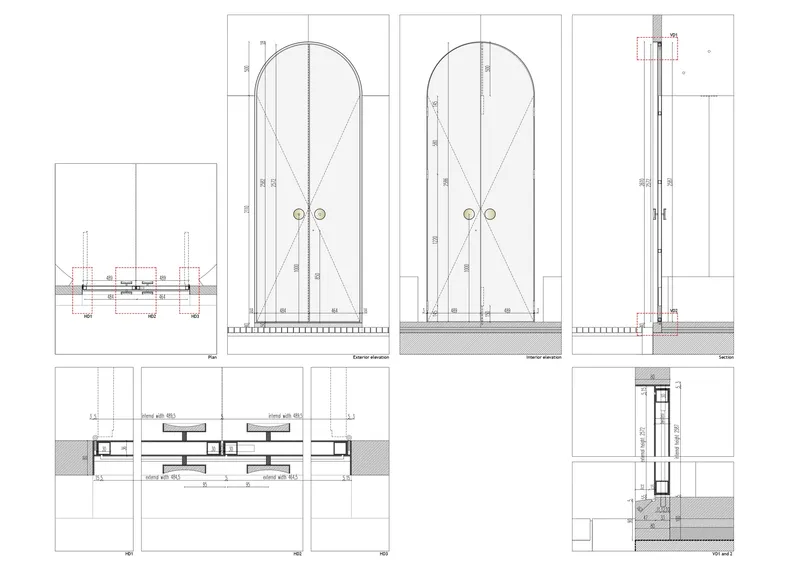 Construction detail drawings of arched window frames with plan and section views showing assembly layers